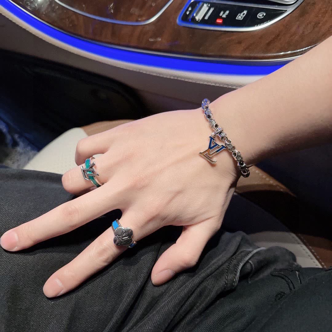 Louis Vuitton Silver Bracelet with LV Logo Charm